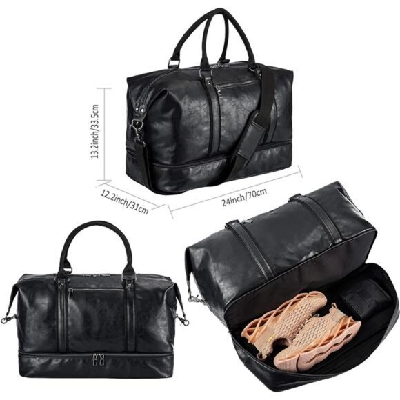Leather Travel Bag with Shoe Pouch,Weekender Overnight Bag Waterproof PU Leather - Picture 2 of 8